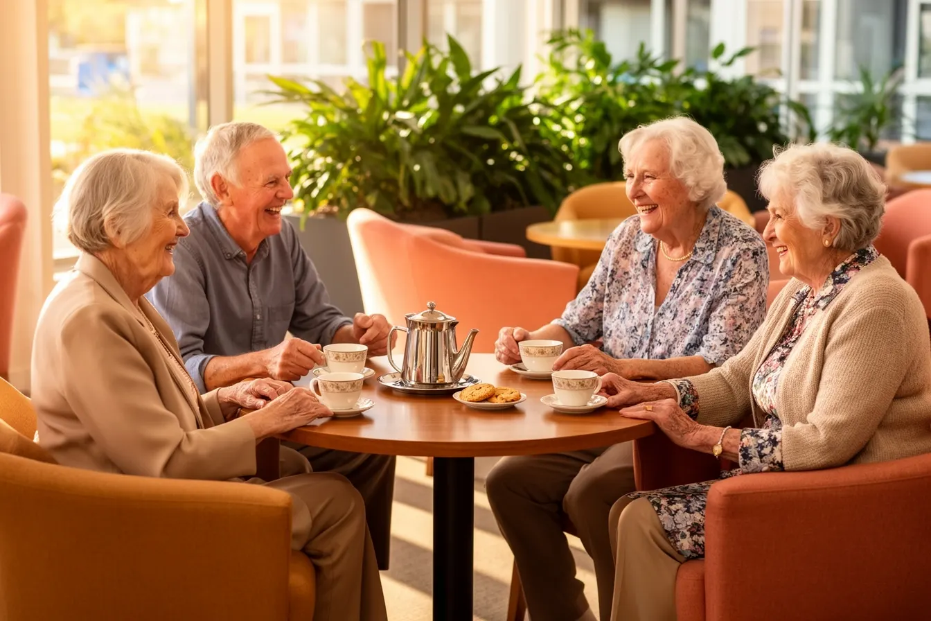 Residents laughing over coffee
