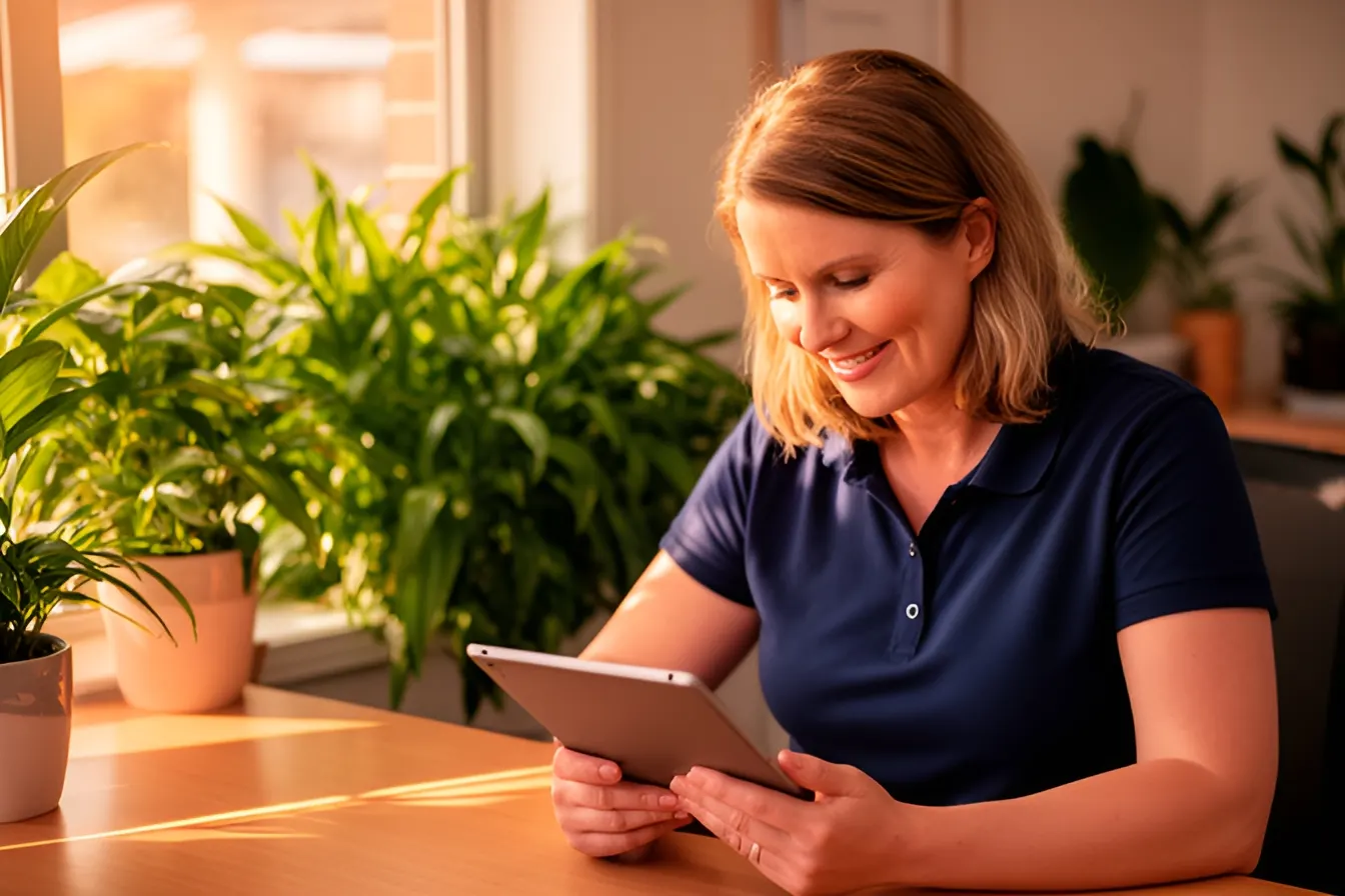 A woman reading a message on her tablet