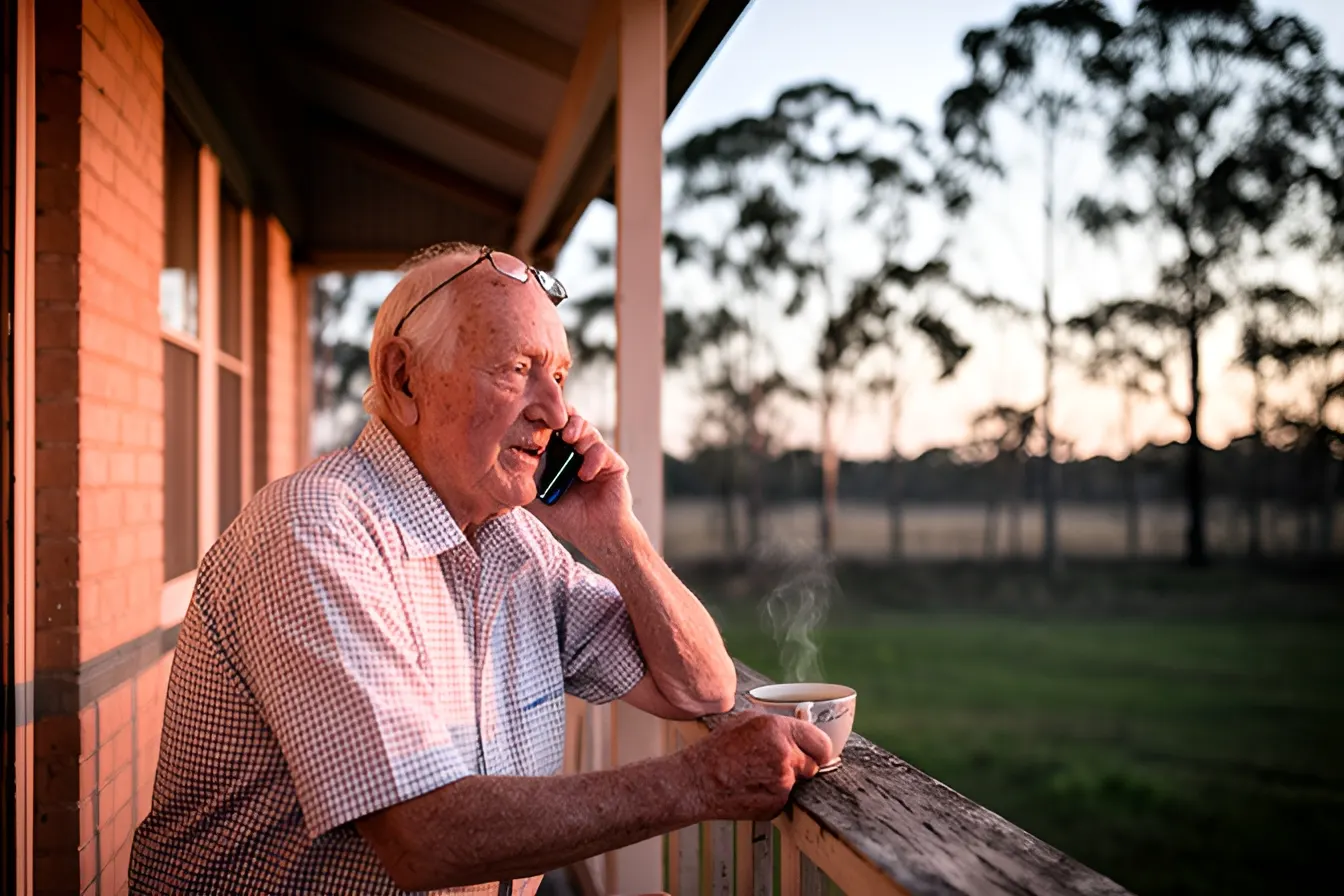 Ray on his verandah with a mobile phone